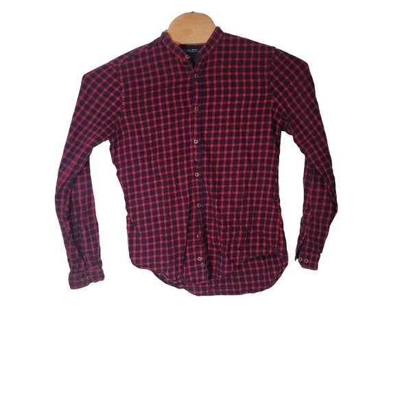 Zara Man Button Flannel Shirt Size Small Red Blue Check Long Sleeve Round Collar - Picture 1 of 4
